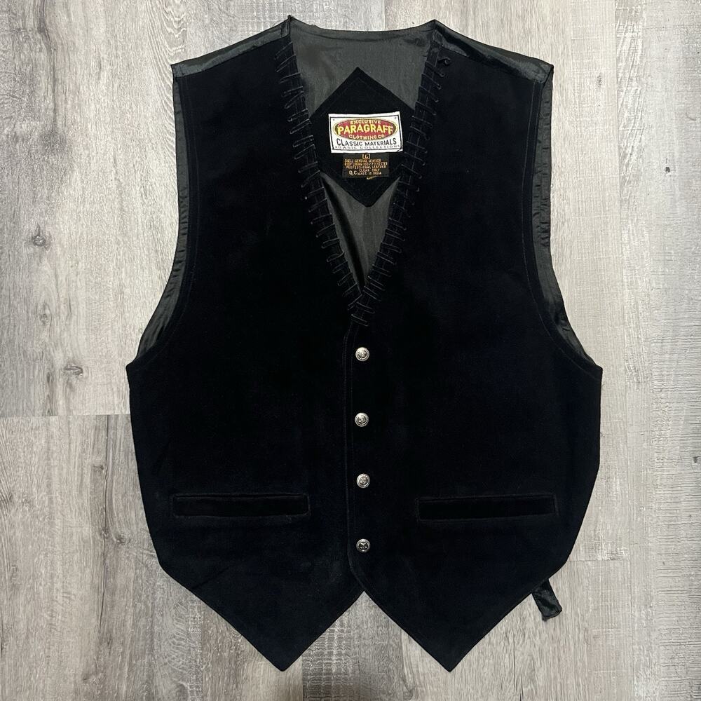 Paragraff Vest VTG Black Suede Genuine Leather Laced Waist Coat Mens L Western